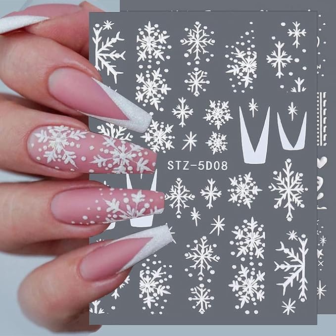 CHARMARK Snowflake Nail Art Stickers, 4 Sheets (White, Snowflake Pattern, Matte Finish, 5D Embossed, Romantic & Classic Style, Plastic Material, Indoor Use, Winter Theme)