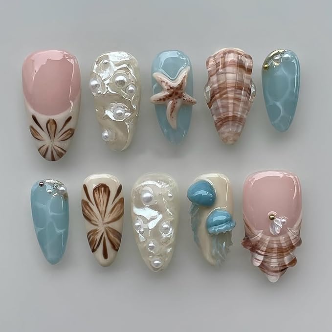 Luxury Press on Nails Short Almond Handmade 3D Unique Reusable ABS Material Fake Nails French Tip False Nails with Designs Flower Jellyfish Shell Pearls Glossy Glue on Nails Thick Acrylic Nails(M)