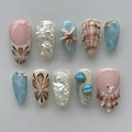 Luxury Press on Nails Short Almond Handmade 3D Unique Reusable ABS Material Fake Nails French Tip False Nails with Designs Flower Jellyfish Shell Pearls Glossy Glue on Nails Thick Acrylic Nails(M)