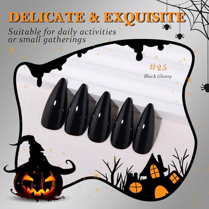 evpct Black Glossy Press on Nails Medium Almond, Glossy Black Fake Nails False Nail Pure Color with Kit, Salon Quality Soft Gel Stick on Acrylic False Soft Nails Reusable Full Cover for Women Manicure