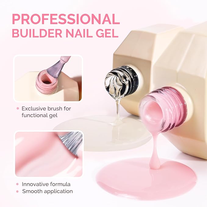 MelodySusie 2PCS 15ML Clear Nude Pink Builder Nail Base Gel for Nails Thickening,Soak Off UV Extension Gel,Rhinestone Nail Glue in a Bottle for Nail Art Design Gift for Women