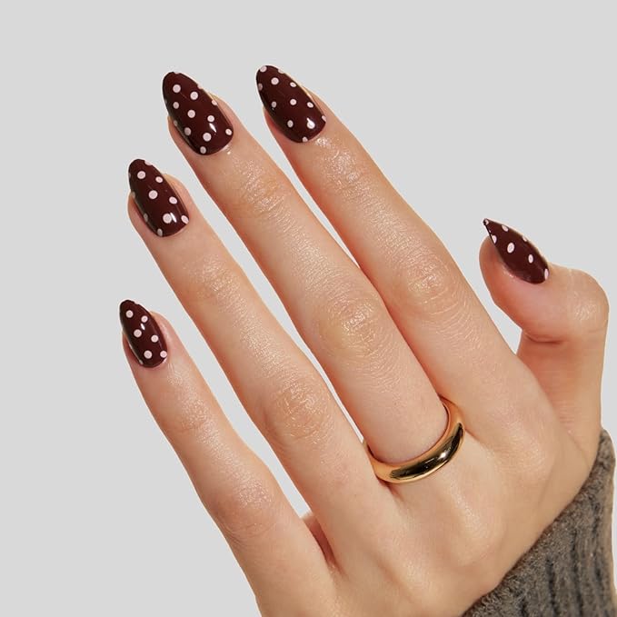 LAMIMOSA 32Pcs Polka Dots Press On Nails Short Almond - Soft Gel Brown-Red Fake Nails in 16 Sizes, Reusable Glue on Nails Kit, DOT DOT DOT