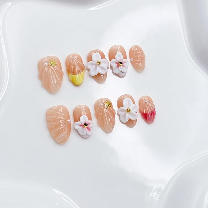 Short Almond Press on Nails Handmade Nails with Glue,Muti-Layer Gel French Tip Fake Nails with 5D Flower Design Nude Acrylic Nail Reusable Nature Handmade False Nails for Wome (Size S)