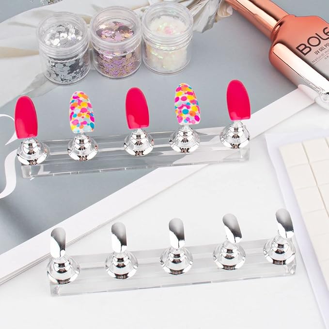 Nail Stand Acrylic Nail Art Display Stand Magnetic Nail Tips Practice Holder 54 Pcs Reusable Adhesive Putty for DIY Painting Nails Stand kit (silver)