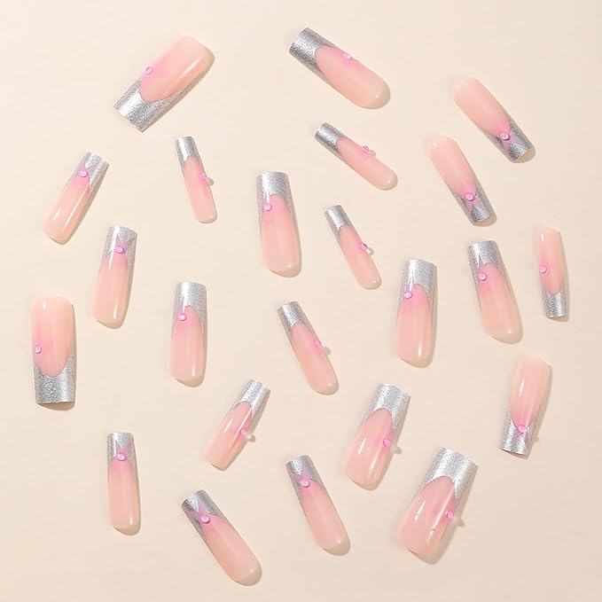 Y2K Press On Sliver French Tip Pink Full Cover Star False Nails with Designs Pearl Glitter Glossy Glue On Acrylic Manicure Artificial Nails for Women Girls