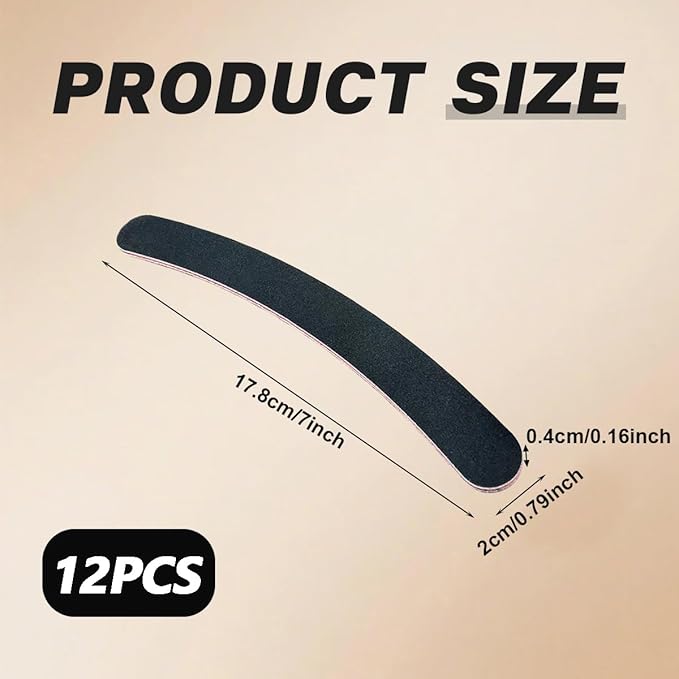 12PCS Black Banana Curved Double Sided Strip Grit Nail File Polish Emery Board Buffering Sanding Art Manicure Buffer Nail Art Tools