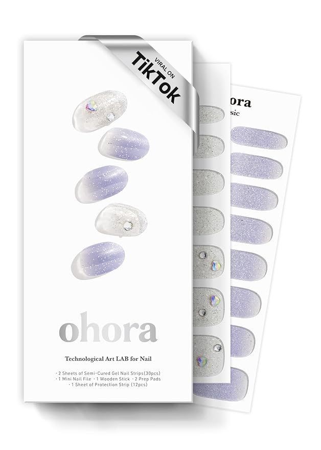 ohora Semi Cured Gel Nail Strips (N Ice Queen) - Works with Any Nail Lamps, Salon-Quality, Long Lasting, Easy to Apply & Remove - Includes 2 Prep Pads, Nail File & Wooden Stick