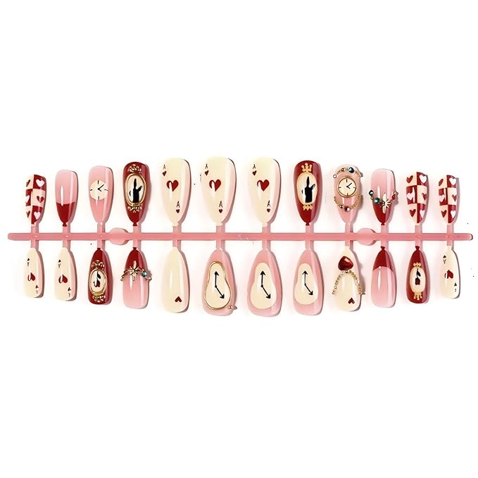Medium Press on Nails Almond False Nail with Winter Gold Hearts Diamods Designs Fake Nails Press Ons Gift for Women 24pcs