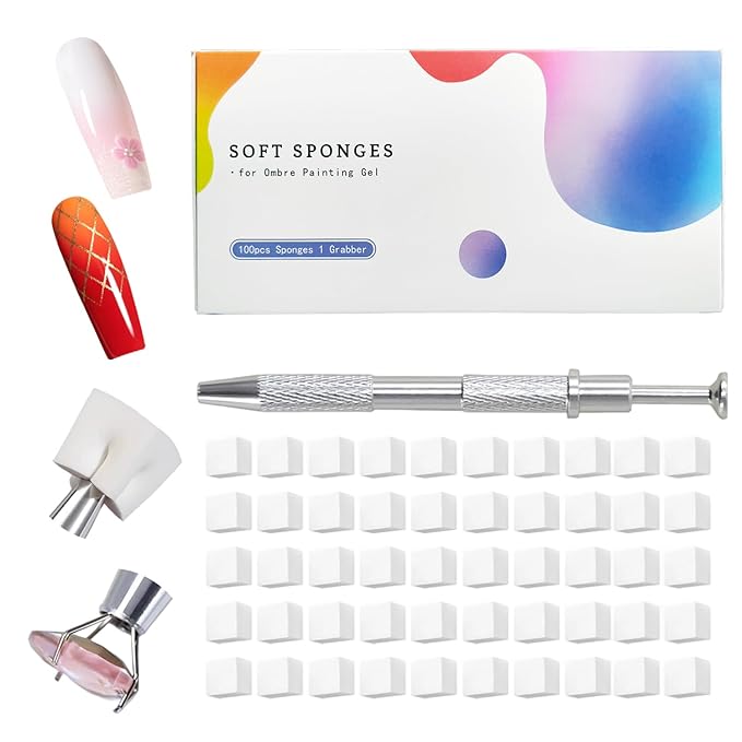 100Pcs Soft Sponges for Ombre Painting Gel with Grabber, Professional Accessories for Ombre Gradient Painting Nail Gel Kit, Manicure DIY Tools (100PCS Sponges & Grabber)