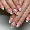 Flower French Tip Press on Nails Medium Almond Fake Nails Spring Summer Nails Press ons with Tulip Floral Design,Reusable & Easy Apply Full Cover Stick on Nails for Women Manicure 24Pcs