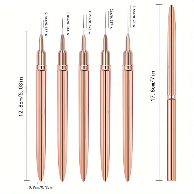 WOKOTO 5 Pcs Gold Nail Art Liner Brushes Painting Nail Art Brush Set Nail Dotting Drawing Tool For Long Lines Thin Details Fine Drawing Sizes 5/8/12/15/20mm Liner Brushes With Metal Penholder
