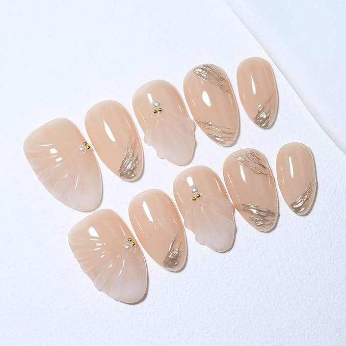 10 Short Almond Handmade Press On Nails | Nude 3D Seashell & Gold Brushstroke Design with Pearl Accents | Salon-Quality, Easy Apply/Remove, Reusable & Long-Lasting (251211, S)