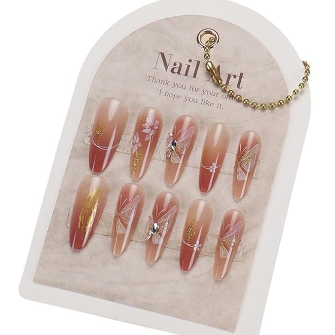 Hkanlre Press on Nails Long Fake Butterfly Pink Nails Tips Full Cover False Almond Nails for Women and Girls 24PCS