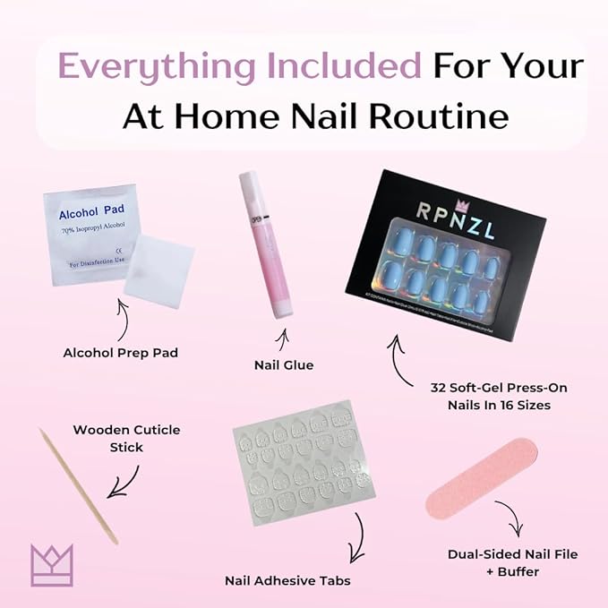 Press On Nails - Cloud Nine | Opaque Soft Pale Sky Blue Short Oval Fake Nails, Salon Quality | 32 Nails, 16 Sizes Kit with Glue and Adhesive Tabs I Female Founded