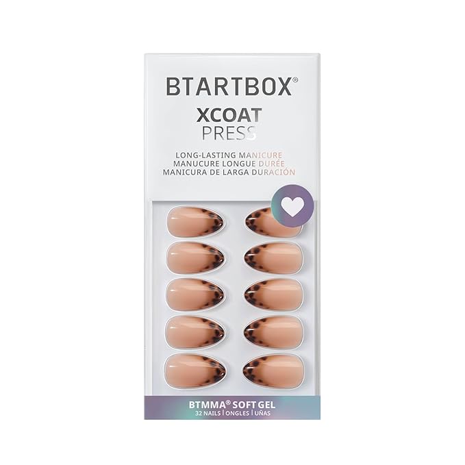 BTArtbox Press On Nails Almond - Espresso Leopard, Lamp-Curable Short French Tip Press On Nails with Glue and Adhesive Tabs for Women, Soft Gel Glue On Nails in 16 Sizes - 32 Stick On Nails Kit