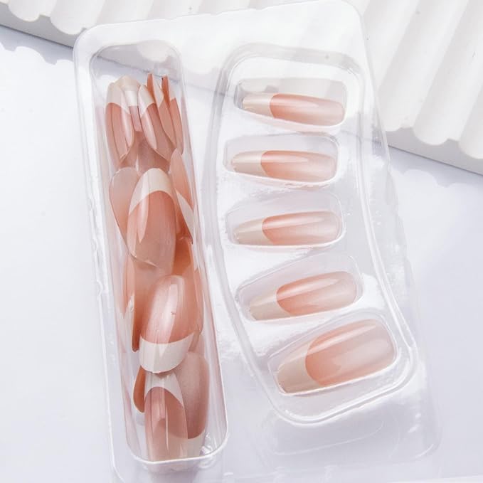 White French Tip Press on Nails Almond Medium Fake Nails Cat Eye False Nails Nude Ombre Acrylic Nails Glossy Shiny Gradient Glue on Nail for Women Manicure Decoration 30Pcs