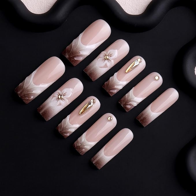 Square Press on Nails Long Ombre Brown Fake Nail3D Flowers Charm Acrylic Nail Press ons with Embossed and Rhinestones Design Stick on Nails for Women 24pcs