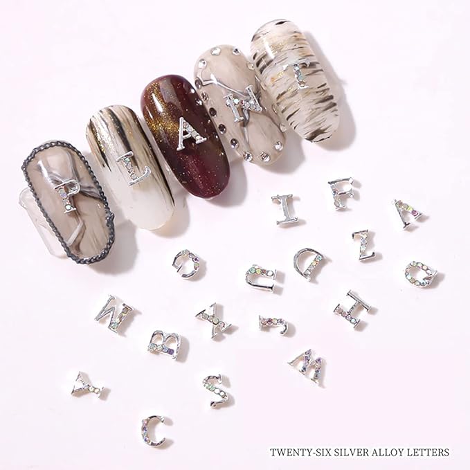 JERCLITY 52pcs 3D Metal Silver English Capital Letters Nail Charms Studs Alloy Rhinestone Nail Charms for Nails Silver Alphabet Stickers for Women Nail Art