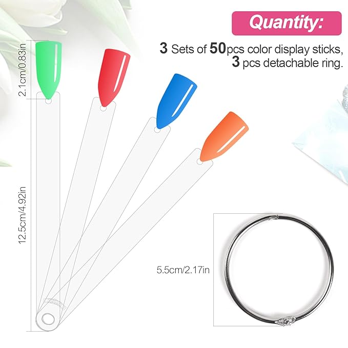 150Pcs Nail Swatch Sticks with Ring Clear Nail Polish Tips Fan Shape Nails Sample Sticks Nail Practice Color Display ABS Nail Art Polish Display Board, Clear