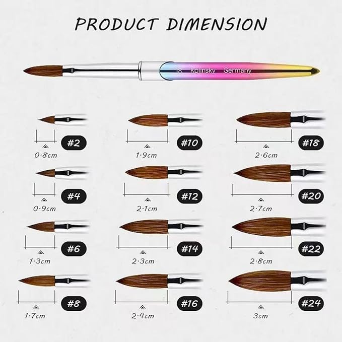 100% Pure Kolinsky Acrylic Nail Brush Size 8, Hair Acrylic Chrome Ombre Colorful with Silver Ferrule Round Shaped for Women Girls Manicure Tools Nail Accessories