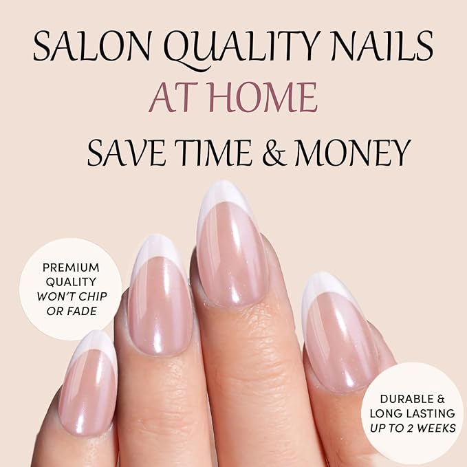 French Tip Press On Nails， White Short Almond Reusable Stick On Nails in 12 Sizes - 24 Soft Gel Fake Nail Kit for Women