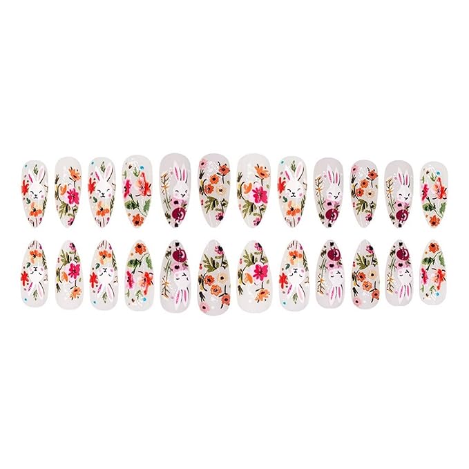 Easter Rabbit Press on Nails Medium Almond Shaped Fake Nails Cute Bunny Rabbit Designs Spring Colorful Flower False Nails Full Cover Acrylic Nails Stick on Nails for Women Nails Manicure Decor 24 Pcs