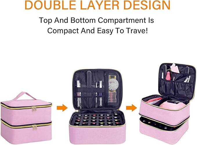 Nail Polish Organizer, Handheld Double Layer Organizer Holds 30 Bottles (15 ml/0.5 floz) with Adjustable Dividers for Nail Polish Small Manicure Lamp Manicure Tools Essential and Travel,Pink Gold