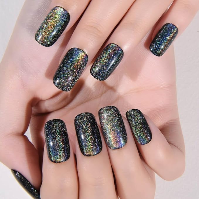evpct Black Chrome Metallic Cat Eye Press on Nails Square Medium, Stick on Nails Medium Length Square for Women, Black Metallic Nail press ons, Iridescent Glitter Halloween Acrylic Fake Press on Nail