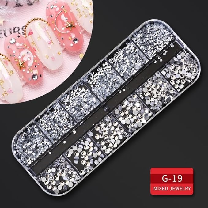 Silver Nail Charms Nail Art Kit with 30 Sheets Silver Nail Stickers, 5 Boxes of Nail Gems Nail Art Tools Nail Rhinestones for Nails, Nail Supplies 3D Nail Charms and Gems Nail Decals Nail Pearls