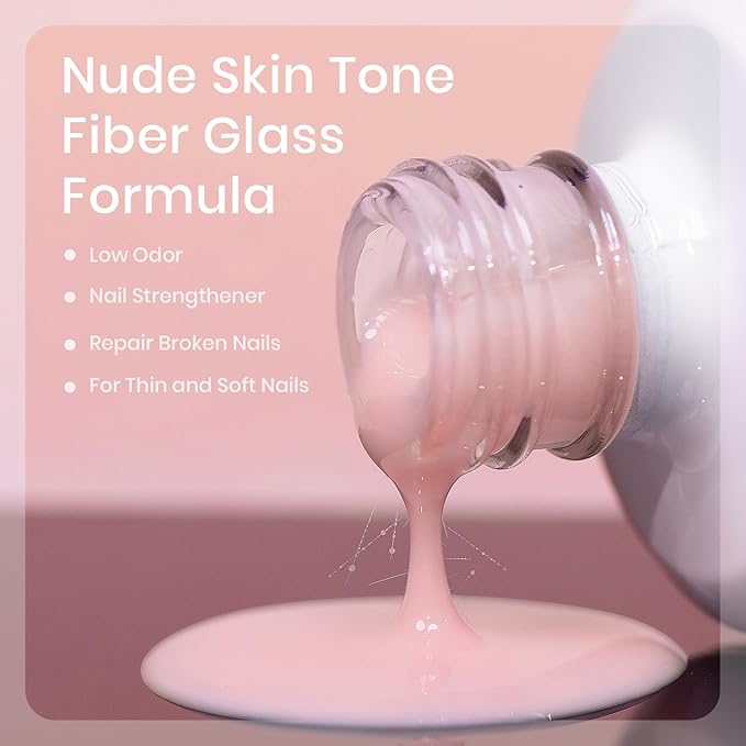 RARJSM Nude Soft Pink Fiber Glass Rubber Base Gel Nail Polish for Repair Broken Nails StrengthenerGel Base Coat Transparent Brush on Building Gel in a Bottle Soak Off UV LED Curing Requires 15ml