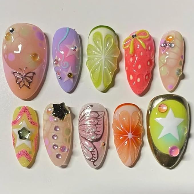 Press On Nails - Medium Almond Handmade Unique Fake Nails, Thick Acrylic and Muti-Layer Gel False Nails, Reusable Gel Cured Sturdier 3D Fake Nails,DIY Art Decorate (Size M)