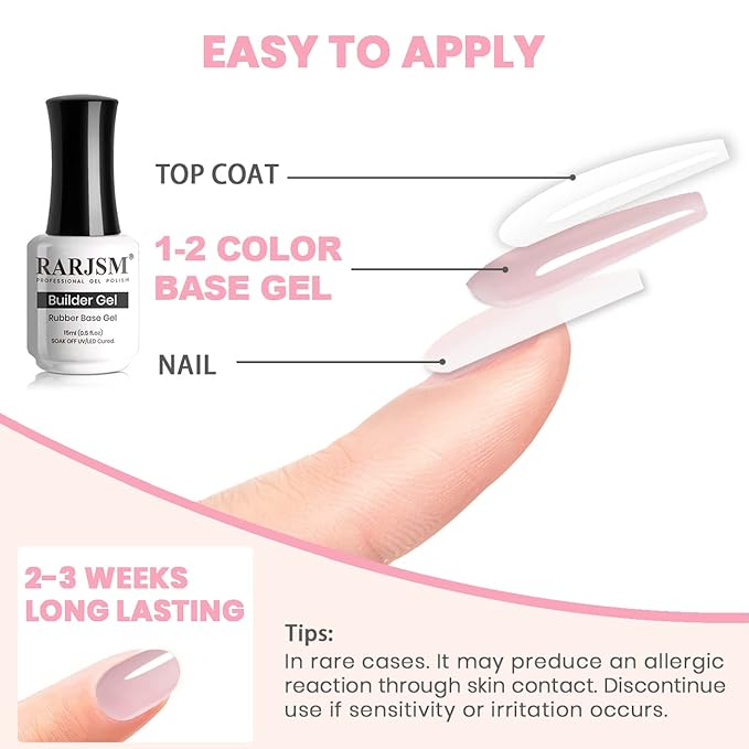 RARJSM Rubber Base Gel Light Pink Sheer Rubber Base Coat Gel Nail Polish Transparente Pink for Nails French Manicure ExtendGel Soak Off UV LED Curing Requires Single Bottle 15ml Salon Home DIY Use