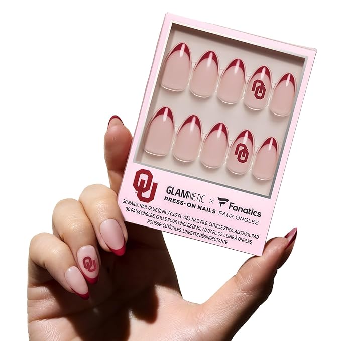 Glamnetic x Fanatics Press On Nails - Oklahoma Sooners | Short Almond Fake Nails, Collegiate Sooners Red French Tips, College Nails, Salon-Quality | 15 Sizes - 30 Nail Kit with Glue