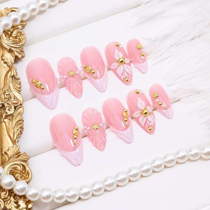 24Pcs 3D Almond Press on Nails Medium White French Tip Fake Nails Gold Beads Shell Starfish Rhinestones Design Flower Glue on Nails Spring False Nails Handmade Acrylic Nails for Women Manicure