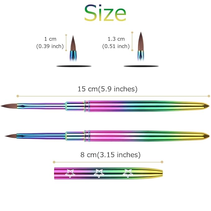 2Pcs Kolinsky Acrylic Nail Brush Set Rainbow Handle 3D Nail Art Brushes Size 2 & 4