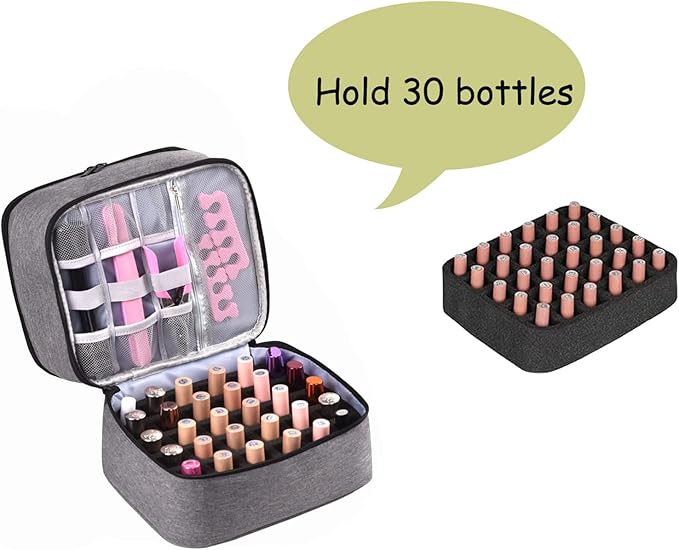 Meichoon Carrying Case Organizer 2 Layers Storage Holder Case with Adjustable Bottle Compartment 30 Bottles of Gel lamp and Manicure Tools Large Makeup Bag Travel with Removable Divider Gray