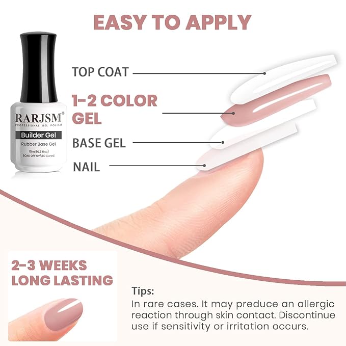 RARJSM Rubber Base Gel for Nails Nude Pink Natural Sheer Jelly Color Extend Rubber Base Coat Gel Nail Polish Gel Builder in a Bottle 15ml Soak Off Curing Requires Salon Home DIY Use French Manicure