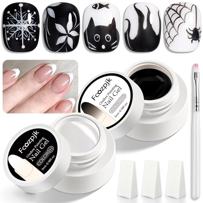 Gel Paint for Nails Art, 2PCS Black and White Gel Nail Polish No Wipe for French Tips Flowers Drawing Ombre Design UV/LED Curing Needed with Brush Pen & Sponges Home Manicure Salon Supplies