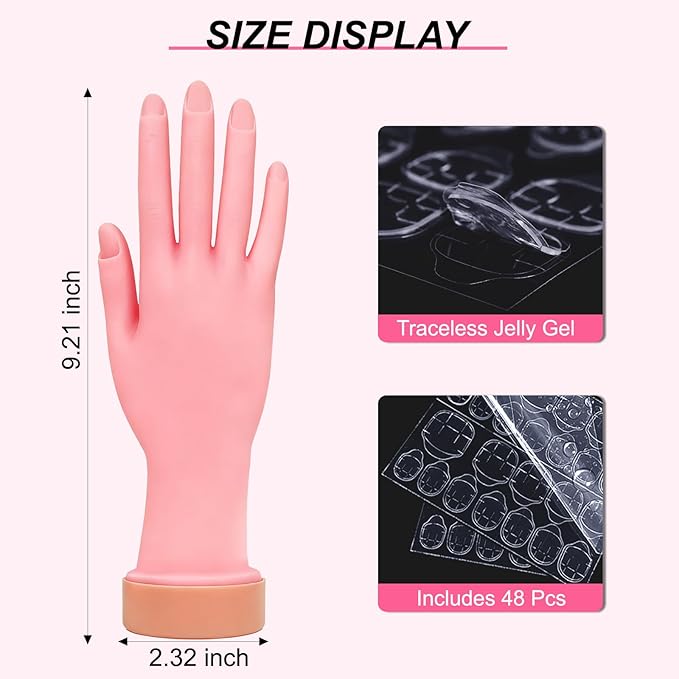 1Pcs Silicone Practice Hand for Nail Training with 48 Adhesive Tabs, Fake Hand for Acrylic Nails, Flexible Reusable Mannequin Hand Model for Gel Polish, Manicure and Nail Art Practice