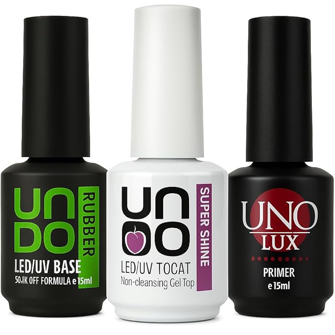 3-in-1 Rubber Base Coat + Super Shine Top Coat + Nail Primer Set – 15ML Each – Long-Lasting Gel Nail Polish System – UV LED Soak Off – Chip-Resistant, Smooth Finish