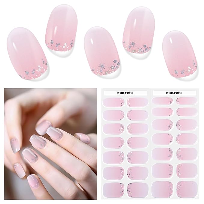 Semi Cured Gel Nail Strips, 28 pcs Gel Nail Stickers Work with Any UV Lights, Long-Lasting Nail Wraps, Stick on Nails for women Easy to Apply & Remove