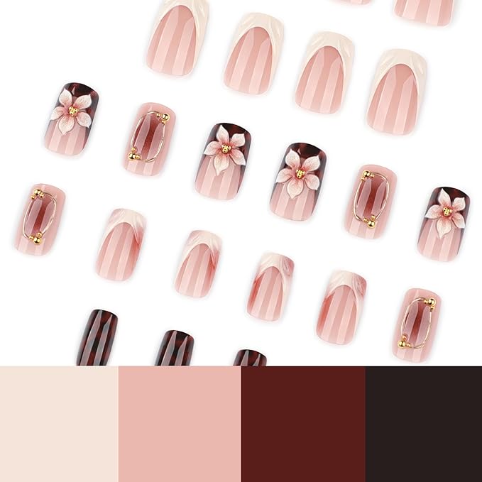 Press on Nails Short - Square Fake Nails with Ombre Flower Design - Brown, Leopard Print False Nails - for Women 24 Pcs