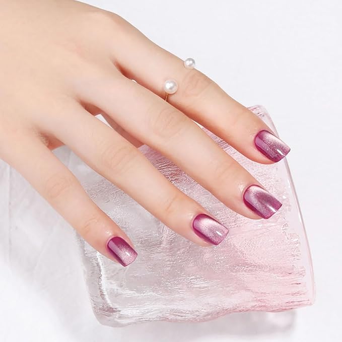Purple-White Shift Press on Nails Short Square, Cat Eye Press on Nails, Fashion Gel Fake Nails, Reusable Acrylic Fake Nails, Glossy Stick on Nails for Women, Glue on Nails Kit, Mystic Rose