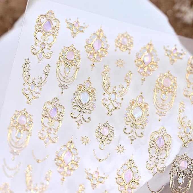 Self-Adhesive Gem Nail Stickers Vintage Style Totem Nail Supplies Embossed Gold Jewelry Ribbon Nails Decals Pink Diamond Nails Designs Baroque Scepter Nails Art Decoration for Women Manicure 1 Sheet
