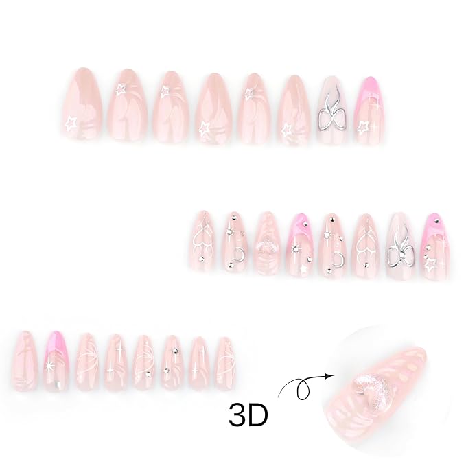Medium Press on Nails Almond - Pink French Fake Nails with 3D Bow Heart Design - Glossy Full Cover Stick on Nails Press ons - for Women 24 Pcs