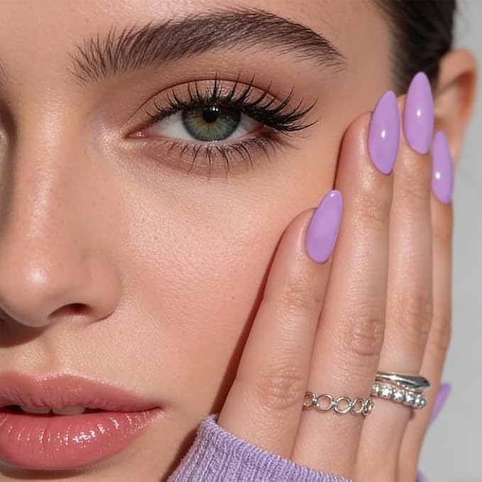 Purple Press on Nails Short Almond Fake Nails Press ons False Nails Acrylic Glossy Full Cover Glue on Nails Cute Artificial Stick on Nails for Women Manicure 24 Pcs