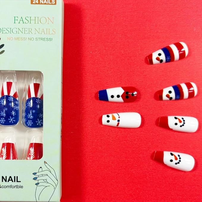 Independence Day Press on Nails Medium Coffin Fake Nails with Snowman Design Snowflake 4th of July Nails Red Blue Striped Glue on Nail Glossy Summer Christmas False Nail for Women Manicure 24Pcs