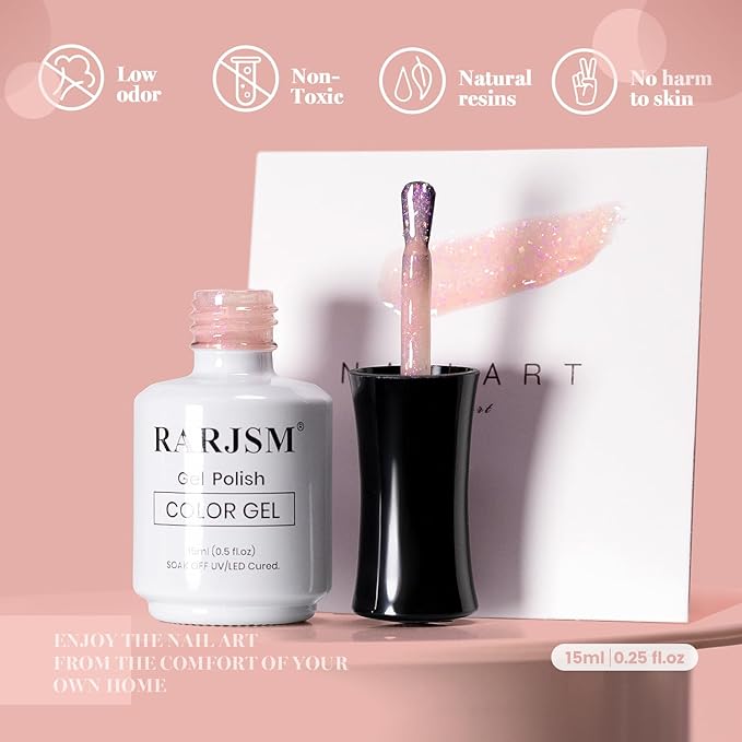 RARJSM Nude Soft Pink Glitter Gel Nail Polish Blue Green Big Rainbow Flakes Finish Shimmer Gelpolish 15ml Soak Off Nuded Skin Tone Color Home Salon French Manicure Varnish Curing Requires