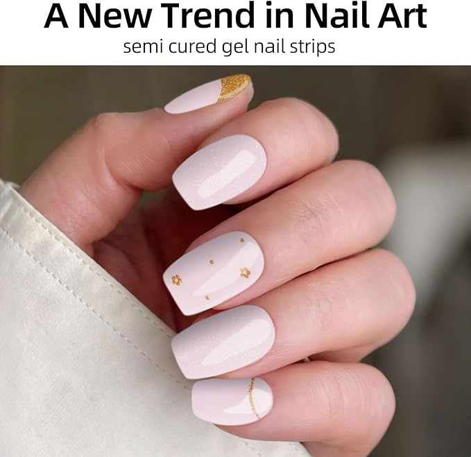 Semi Cured Gel Nail Strips,28 pcs French Gilded Gel Nail Stickers with UV Light Required,Long Lasting Nail Art Stickers, Easy to Apply（Pearl Pink）