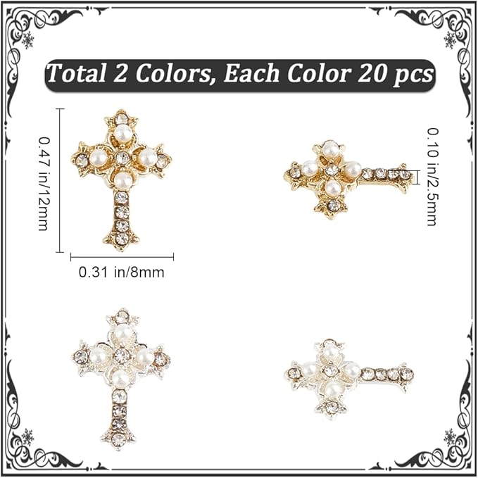 CRASPIRE 40Pcs 2 Styles Cross Nail Charms 3D Y2K Luxury Nail Gems Set Metal Alloy Rhinestone Pearl Flat Gothic Vintage Punk Studs Decor for Women Nail Art DIY Crafts Jewelry Christmas Decor Cellphone
